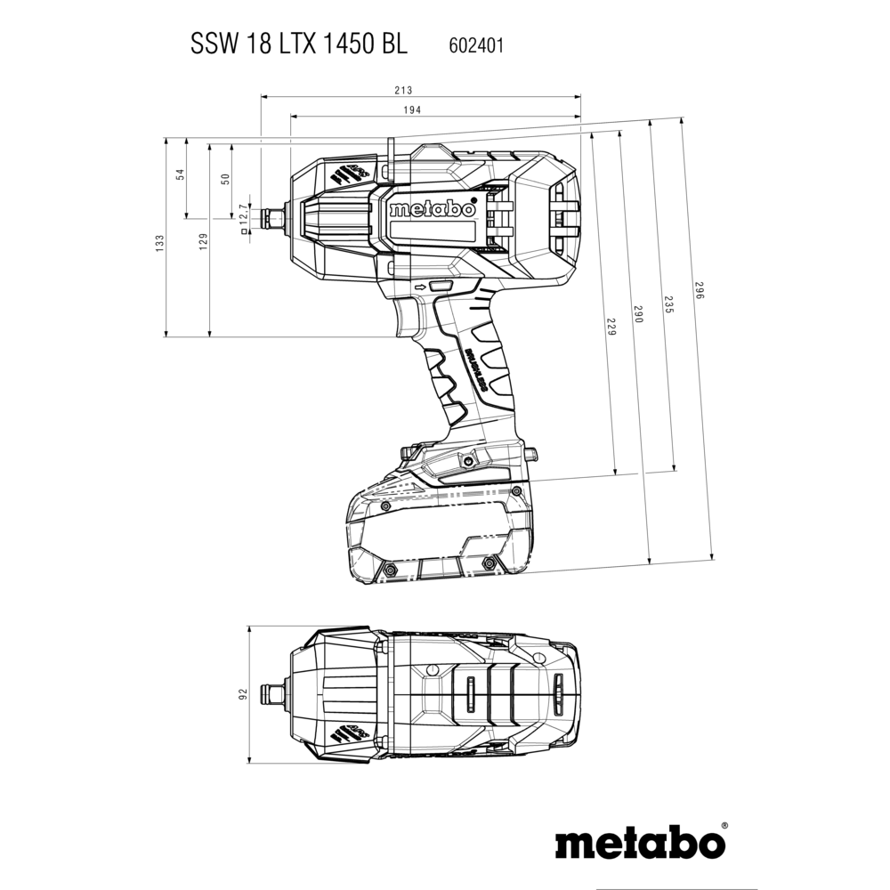 Desenho técnico da chave de impacto SSW 18 LTX 1450 BL com medidas