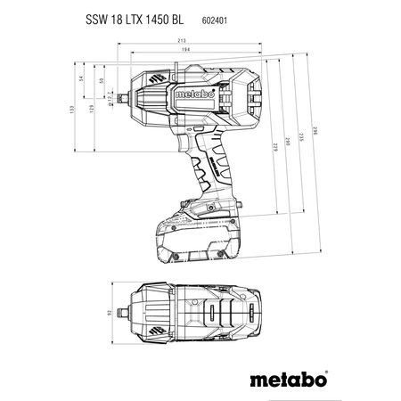 Desenho técnico da chave de impacto SSW 18 LTX 1450 BL com medidas