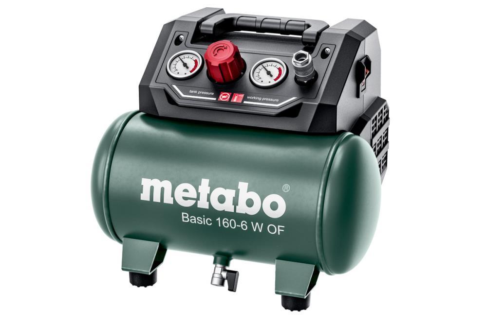 Compresor METABO BASIC de 900W, modelo 160-6 W OF, com tubo e componentes visíveis.