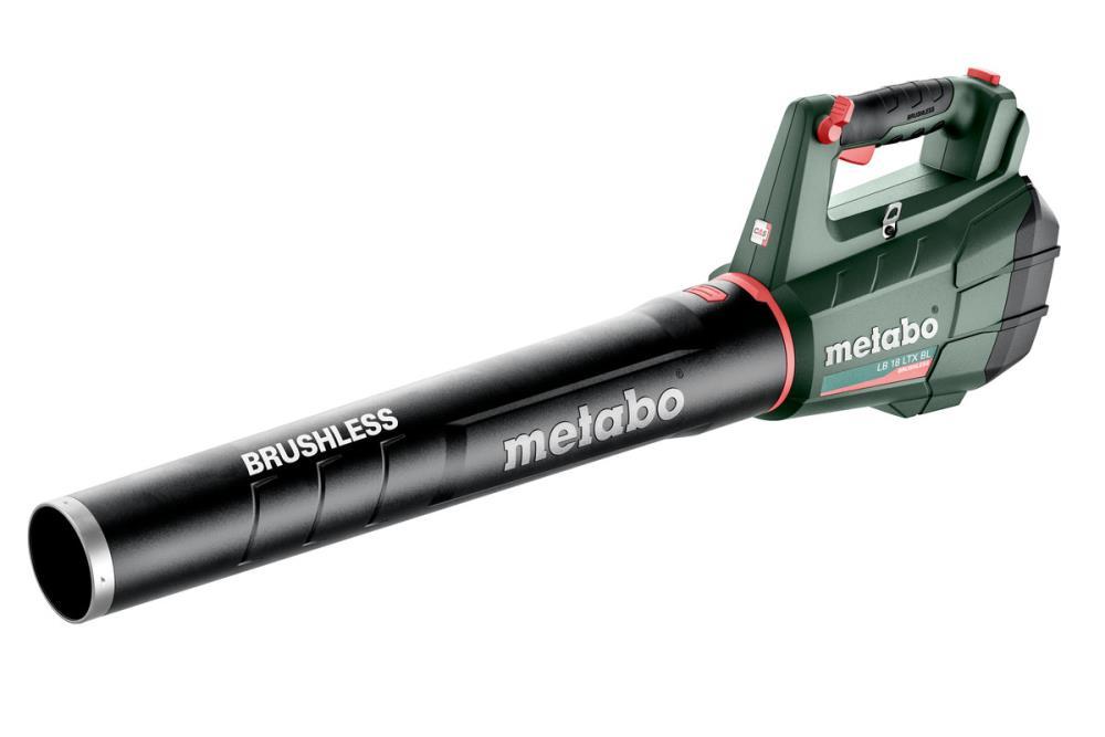 Soprador de jardim Metabo 18V LB 18 LTX BL V-ZERO com bocal e bateria, usado para limpeza de áreas externas.