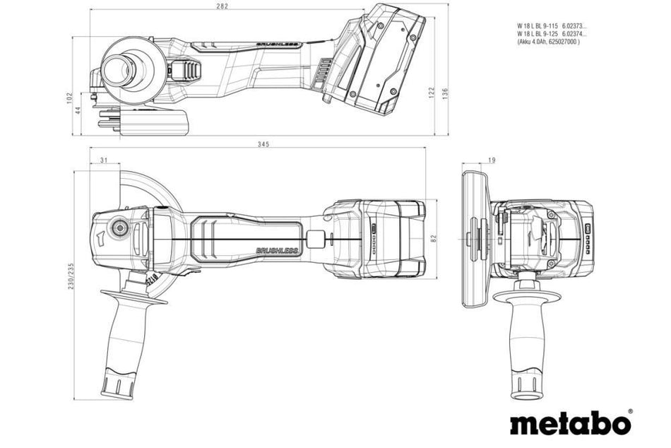 METABO REBARBADORA 18V W 18 L BL 9-125 V-ZERO