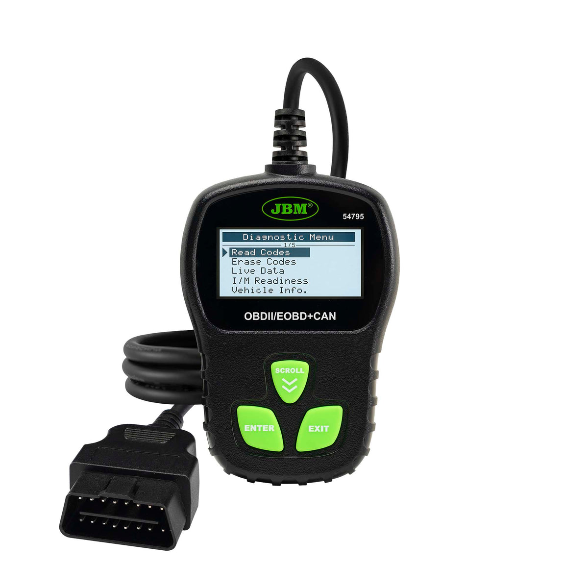 Máquina de diagnóstico multimarca JBM OBDII/EOBD com ecrã, botões e cabo
