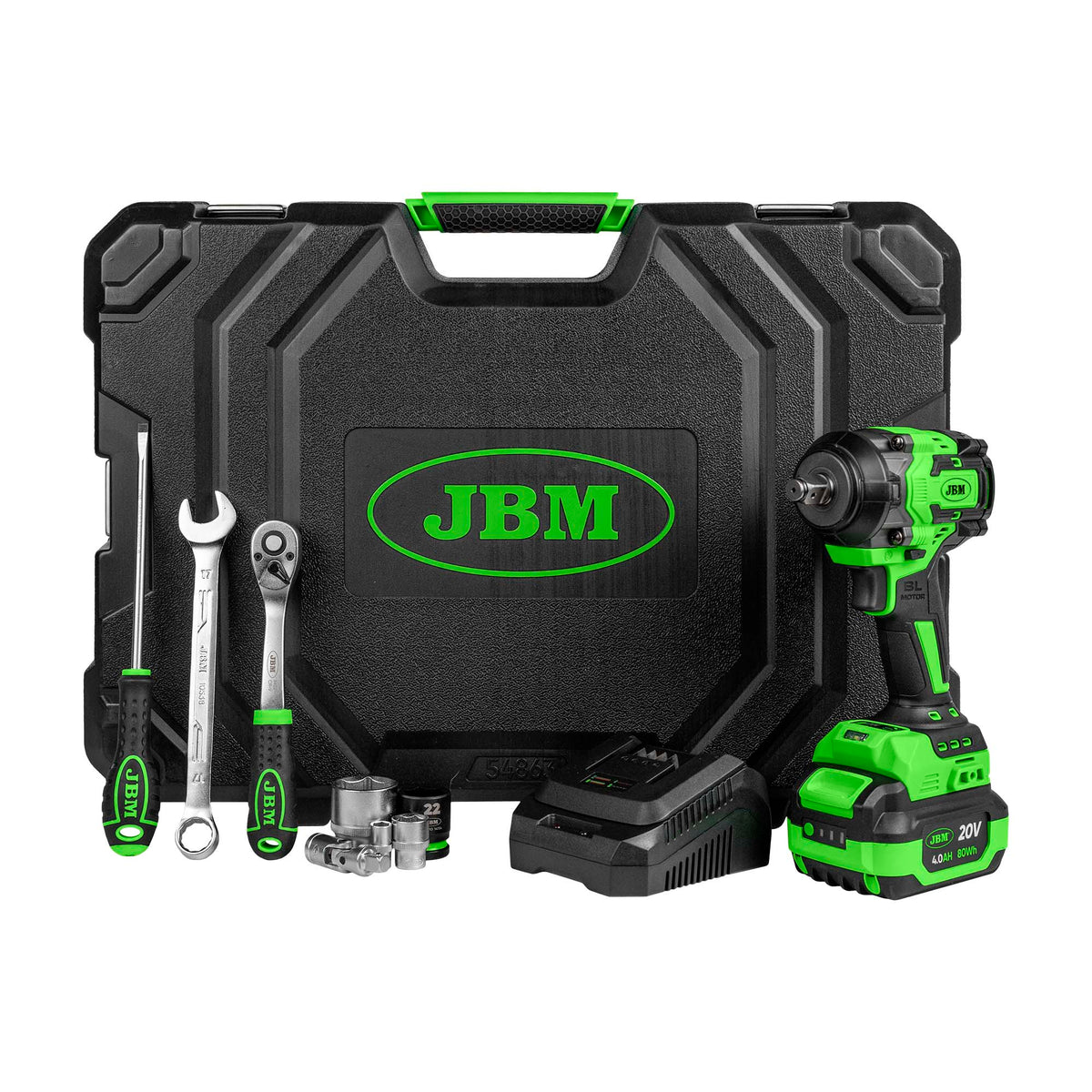 Chave de impacto a bateria JBM com bateria e carregador, à frente da mala fechada