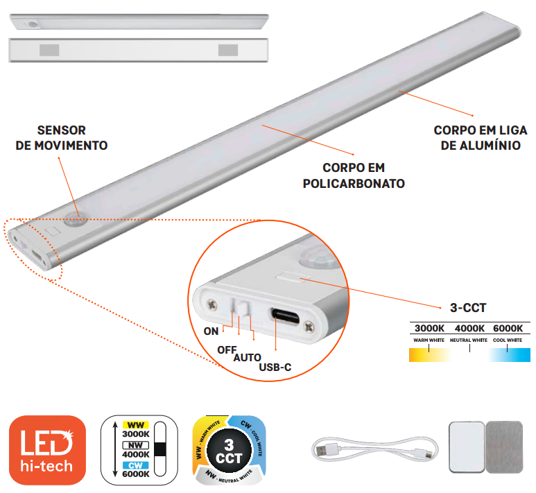 ASLO LED DE ARMARIO USB RECARREGAVEL C/ SENSOR