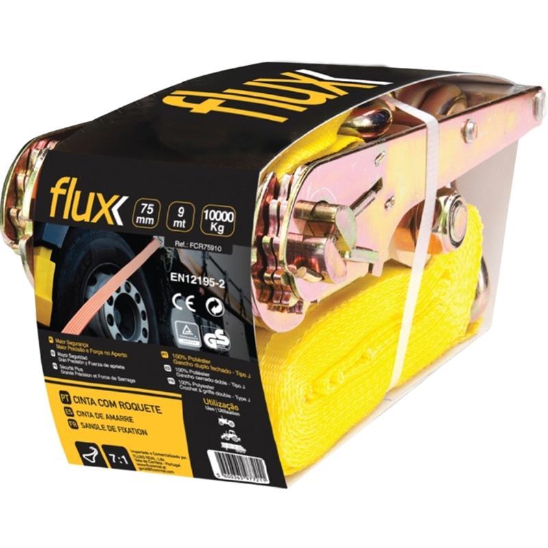 Cinta de 75mm de largura com 10 metros, marca Flux, com roquete para fixação, em uma imagem de alta qualidade.